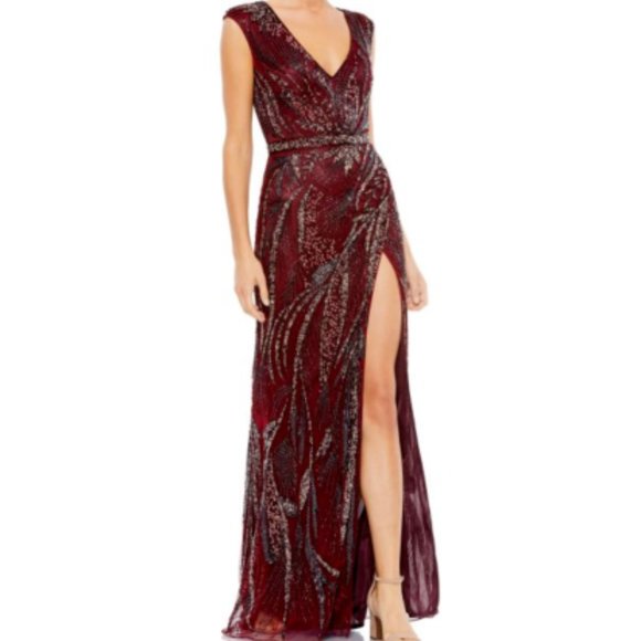 MAC DUGGAL 5227 BEADED CAP SLEEVE THIGH SLIT WINE/BURGUNDY GOWN sz 4 - Picture 1 of 6